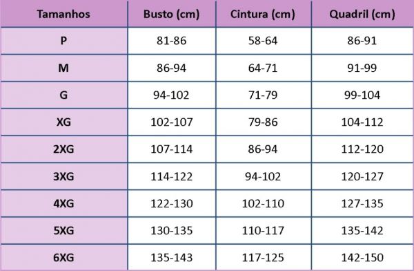 Tabela de Tamanhos - Produtos Importados